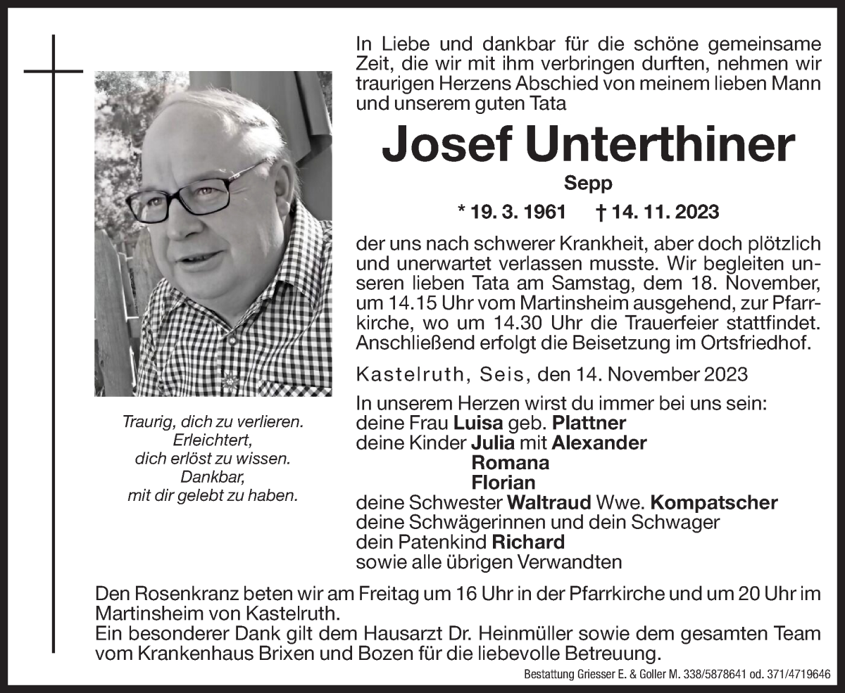  Traueranzeige für Josef Unterthiner vom 16.11.2023 aus Dolomiten