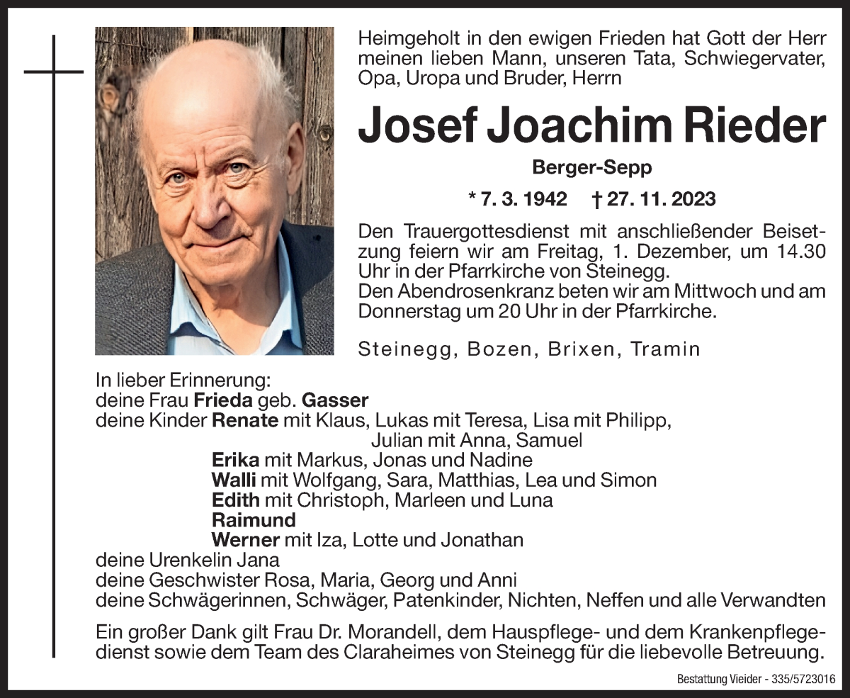  Traueranzeige für Josef Joachim Rieder vom 29.11.2023 aus Dolomiten