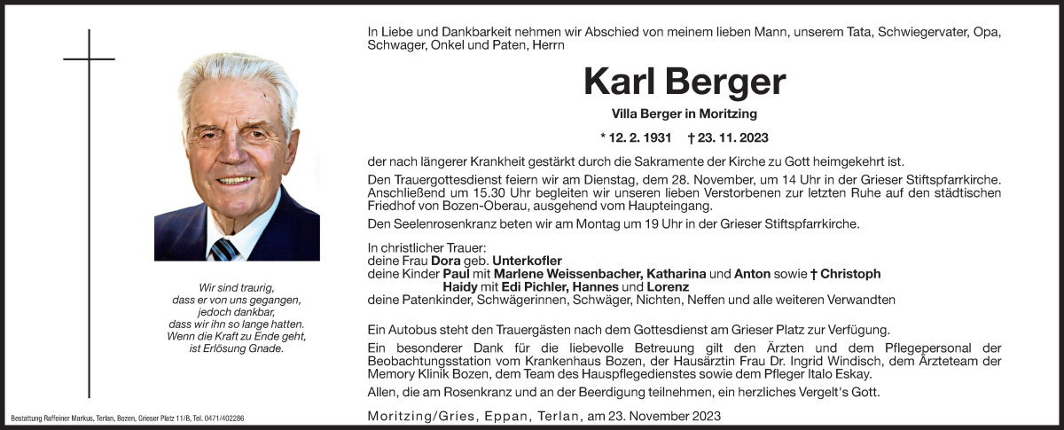  Traueranzeige für Karl Berger vom 25.11.2023 aus Dolomiten