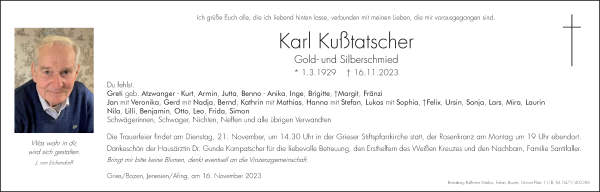 Traueranzeige von Karl Kußtatscher von Dolomiten