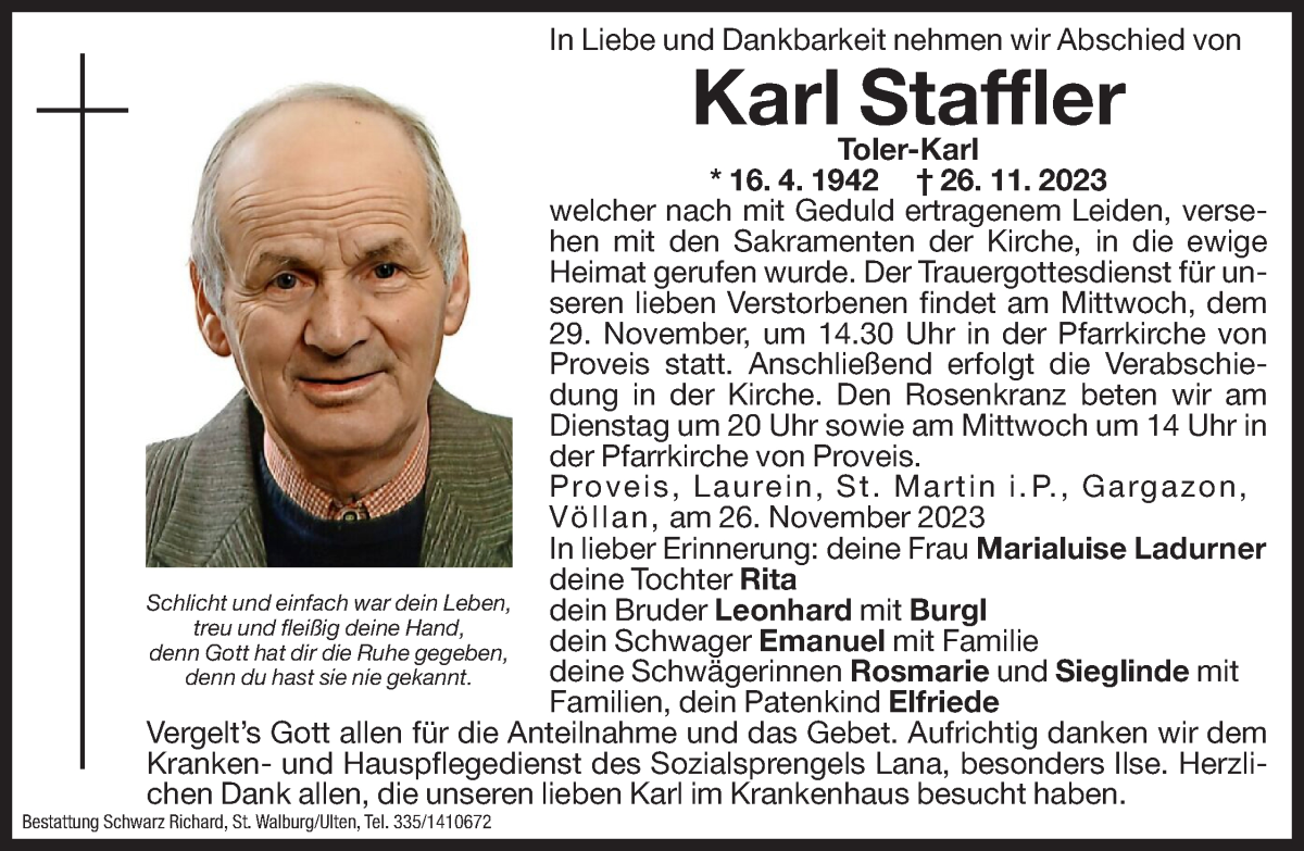  Traueranzeige für Karl Staffler vom 28.11.2023 aus Dolomiten