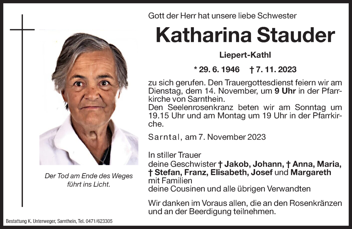  Traueranzeige für Katharina Stauder vom 11.11.2023 aus Dolomiten