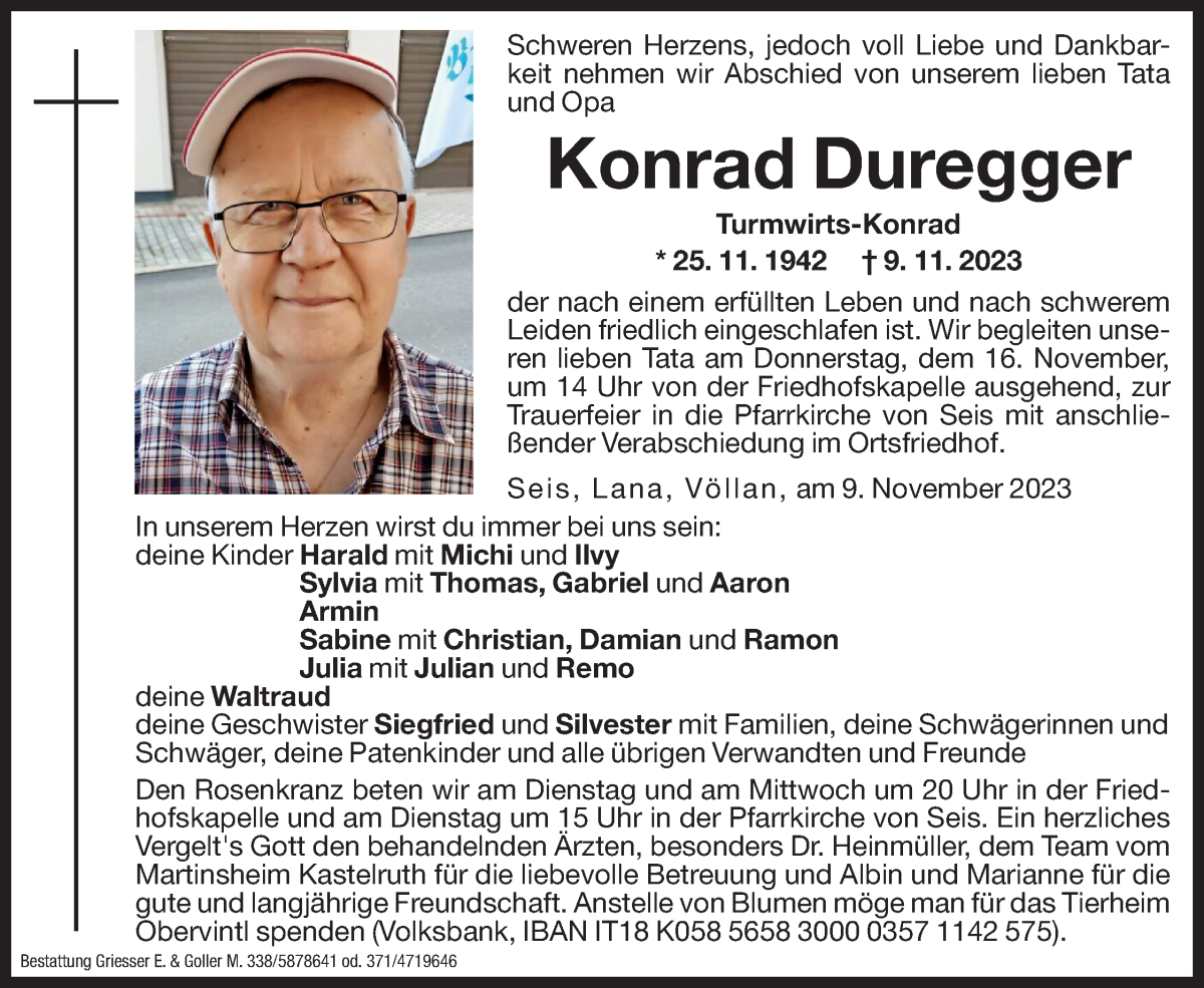 Traueranzeige für Konrad Duregger vom 14.11.2023 aus Dolomiten