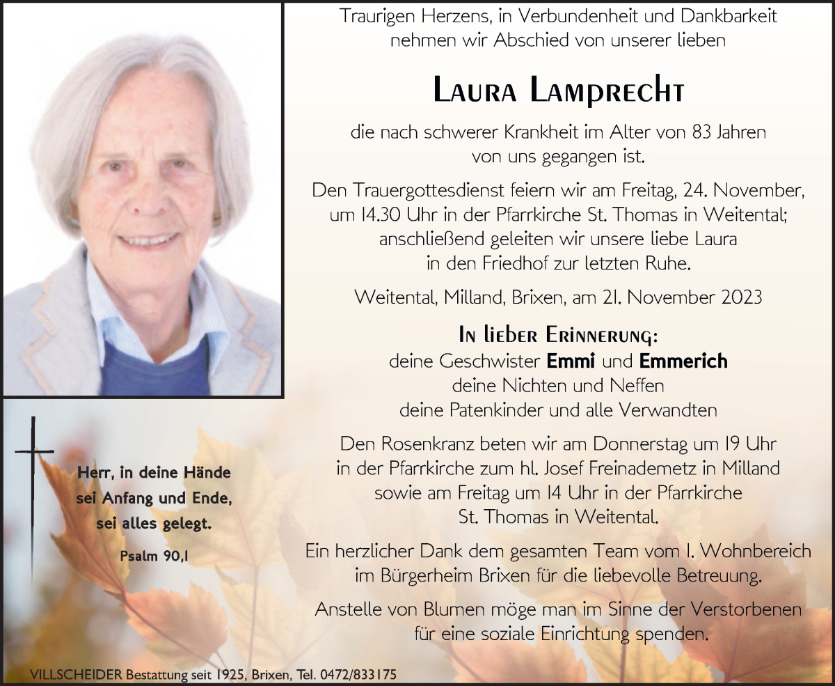  Traueranzeige für Laura Lamprecht vom 23.11.2023 aus Dolomiten