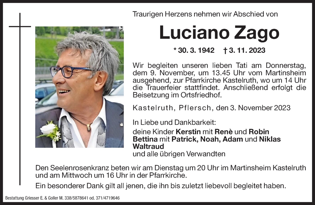  Traueranzeige für Luciano Zago vom 06.11.2023 aus Dolomiten