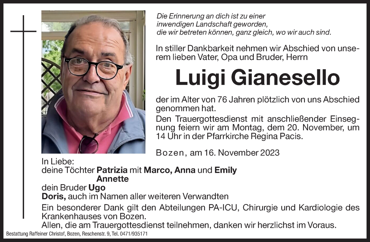  Traueranzeige für Luigi Gianesello vom 18.11.2023 aus Dolomiten