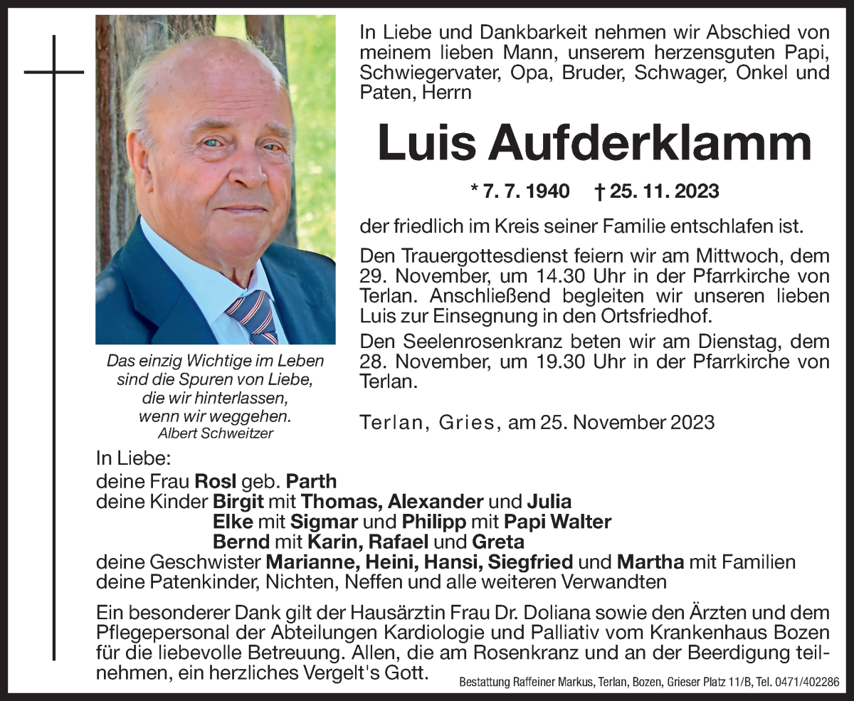  Traueranzeige für Luis Aufderklamm vom 27.11.2023 aus Dolomiten