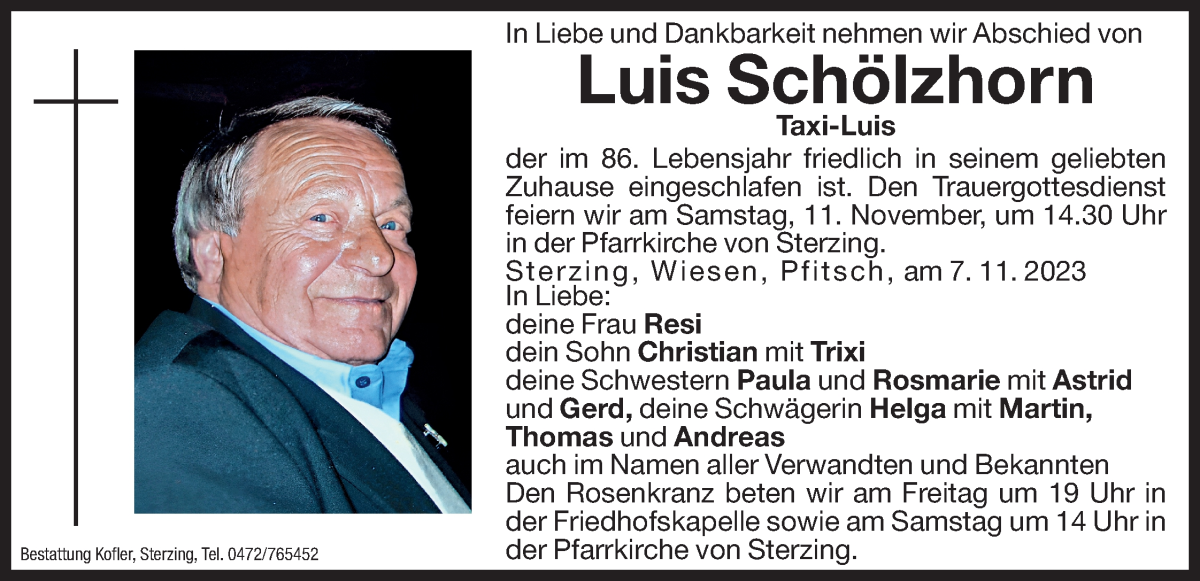  Traueranzeige für Luis Schölzhorn vom 10.11.2023 aus Dolomiten