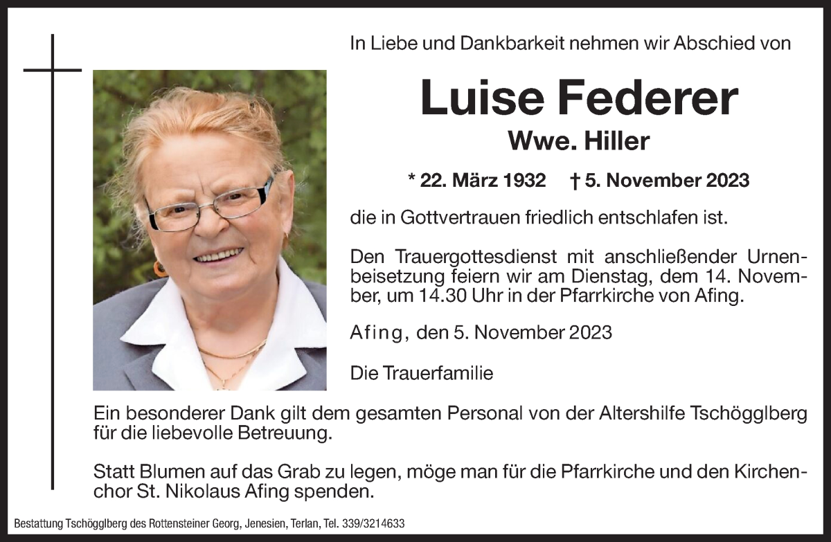  Traueranzeige für Luise Hiller vom 13.11.2023 aus Dolomiten