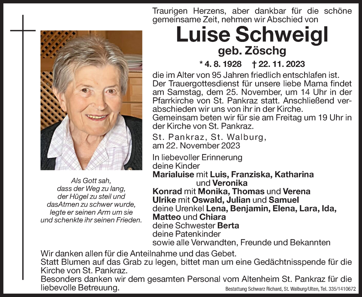  Traueranzeige für Luise Schweigl vom 24.11.2023 aus Dolomiten