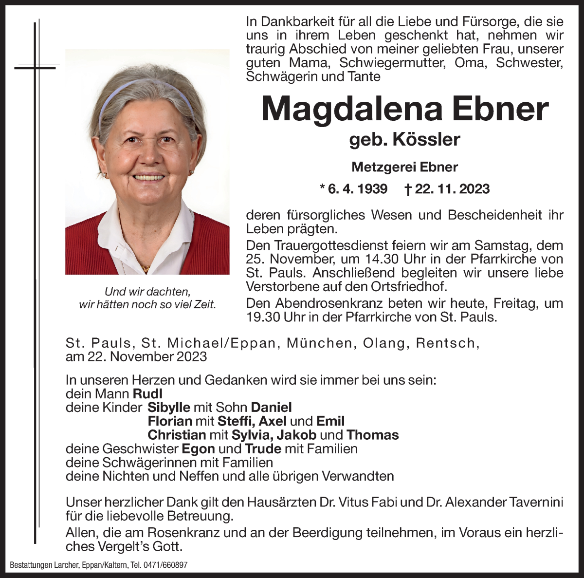  Traueranzeige für Magdalena Ebner vom 24.11.2023 aus Dolomiten