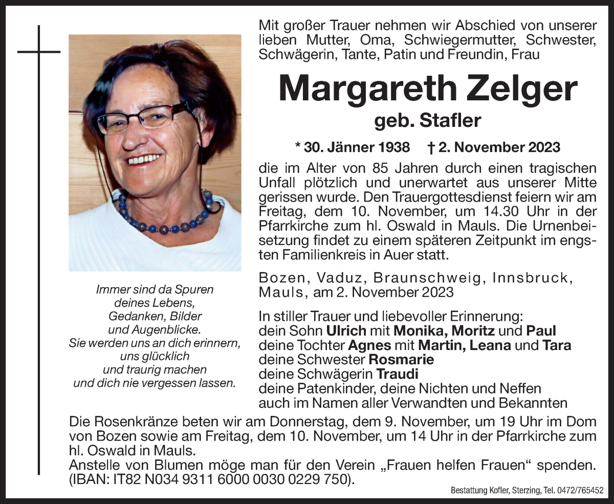  Traueranzeige für Margareth Zelger vom 08.11.2023 aus Dolomiten