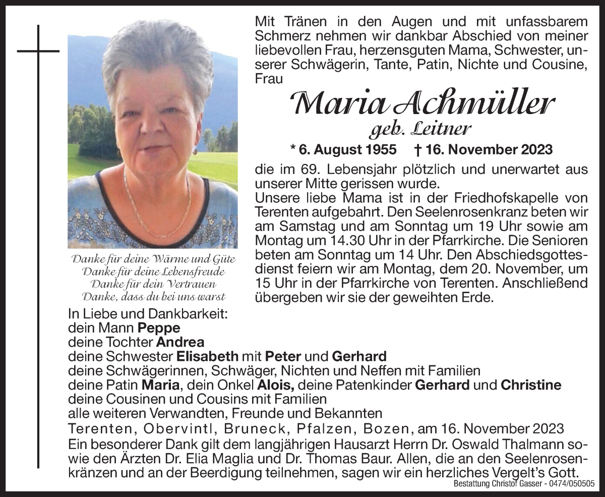  Traueranzeige für Maria Achmüller vom 18.11.2023 aus Dolomiten