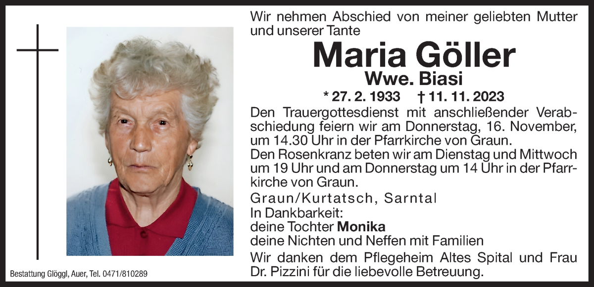  Traueranzeige für Maria Biasi vom 13.11.2023 aus Dolomiten