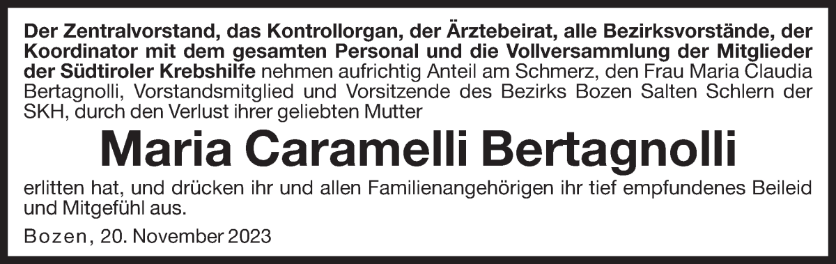  Traueranzeige für Maria Caramelli Bertagnolli vom 21.11.2023 aus Dolomiten