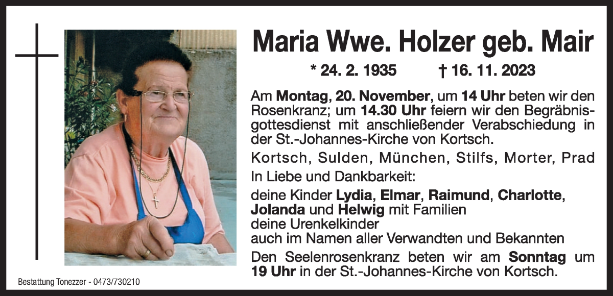  Traueranzeige für Maria Holzer vom 18.11.2023 aus Dolomiten