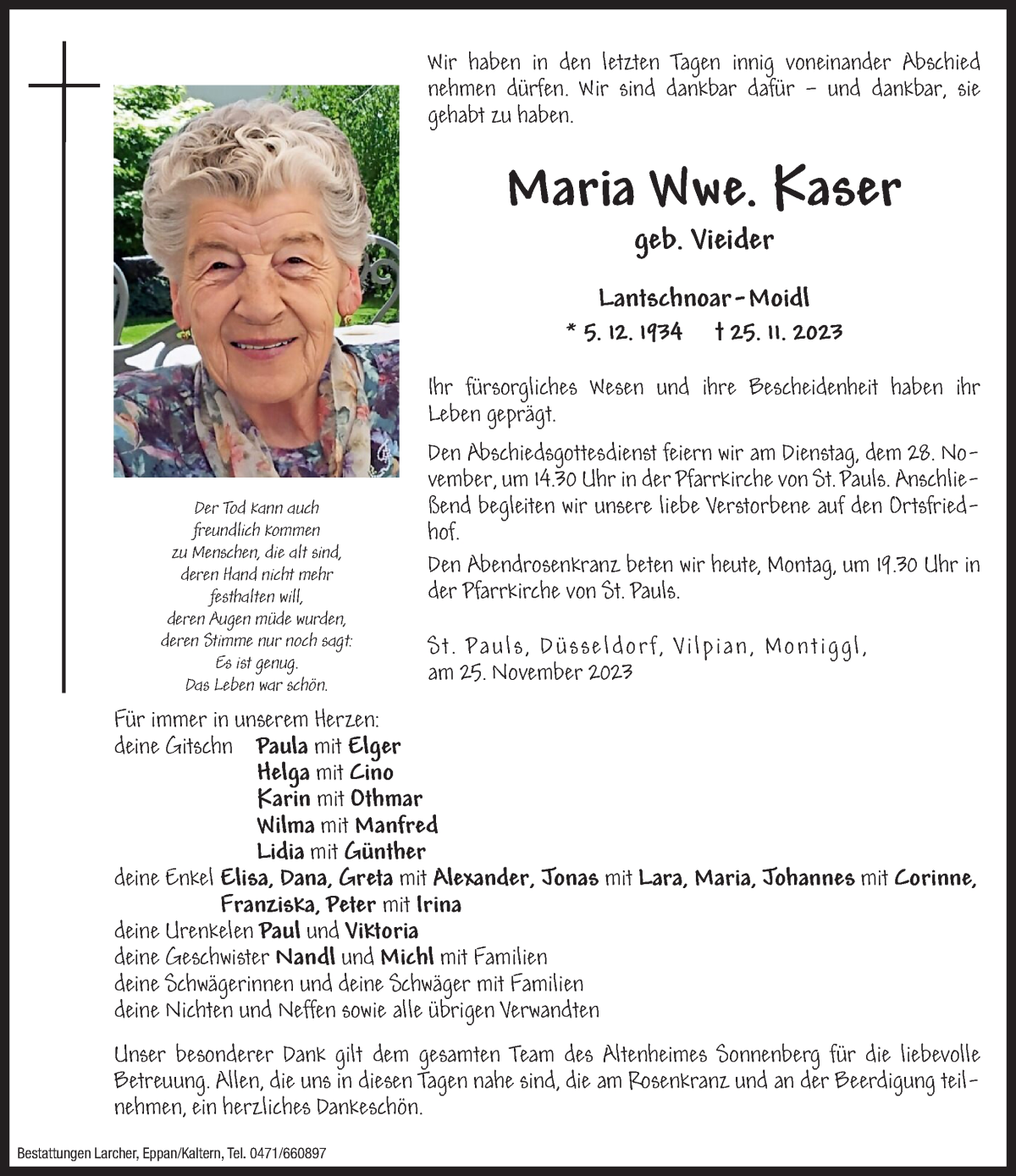  Traueranzeige für Maria Kaser vom 27.11.2023 aus Dolomiten