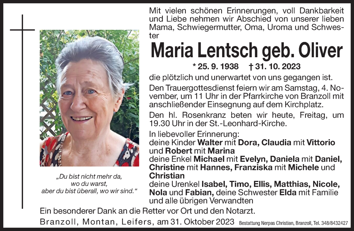  Traueranzeige für Maria Lentsch vom 03.11.2023 aus Dolomiten