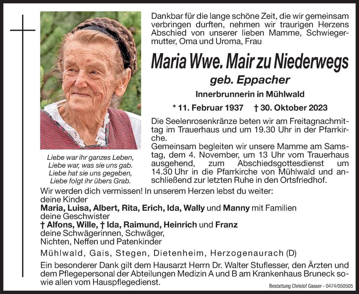  Traueranzeige für Maria Mair zu Niederwegs vom 03.11.2023 aus Dolomiten