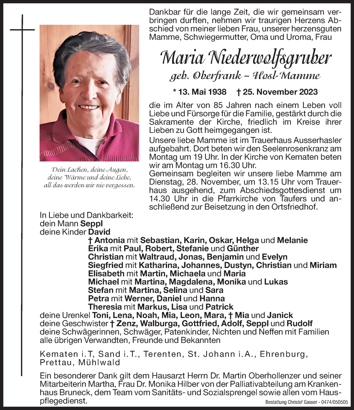  Traueranzeige für Maria Niederwolfsgruber vom 27.11.2023 aus Dolomiten