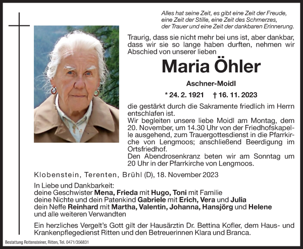 Traueranzeige von Maria Öhler von Dolomiten