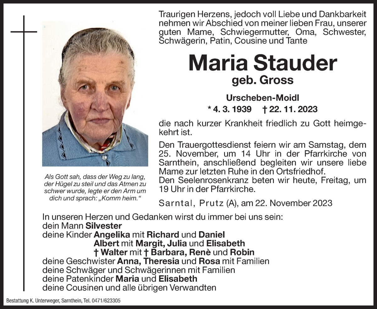  Traueranzeige für Maria Stauder vom 24.11.2023 aus Dolomiten