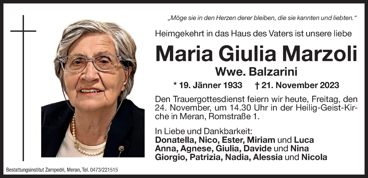  Traueranzeige für Maria Giulia Balzarini vom 24.11.2023 aus Dolomiten