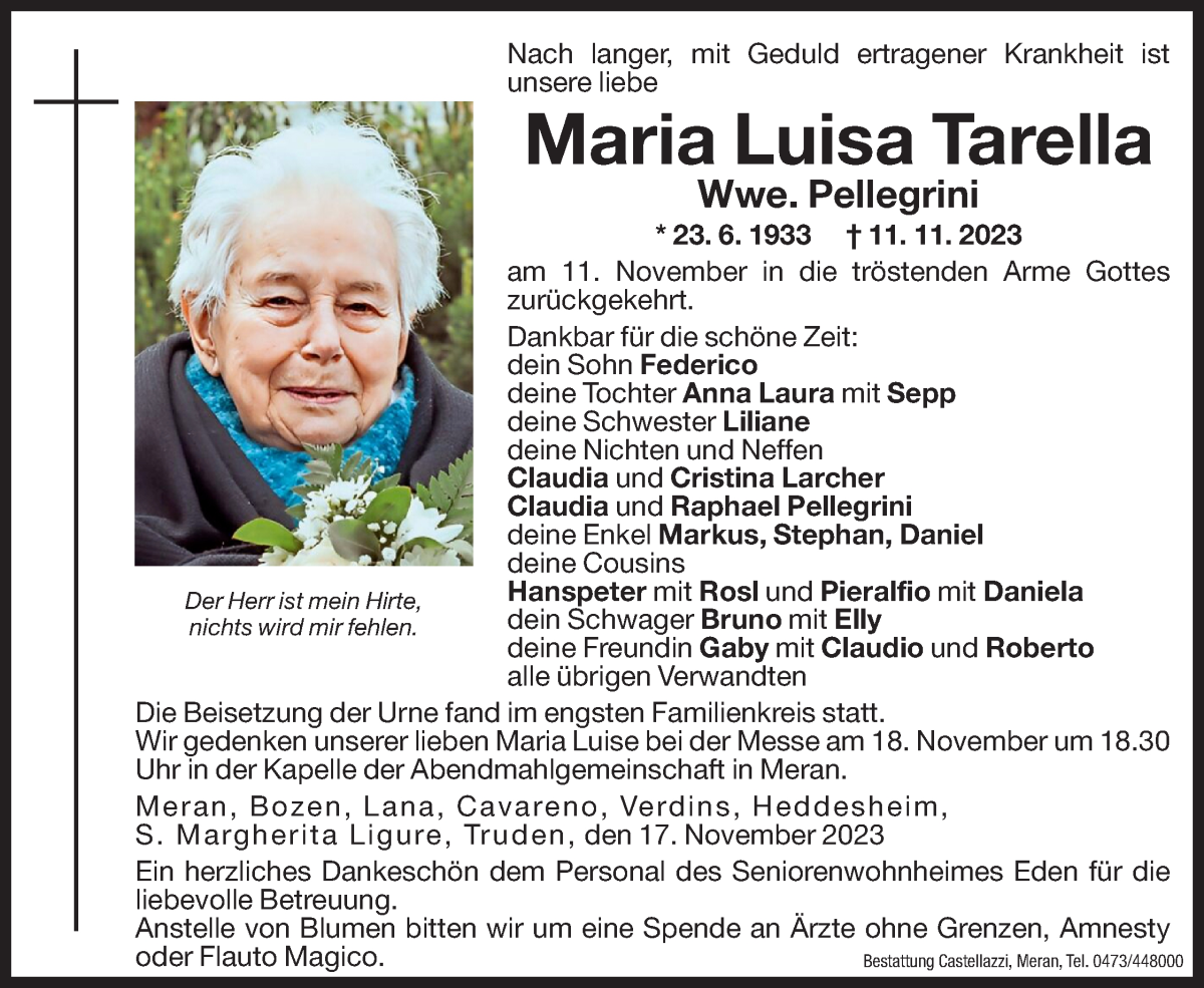  Traueranzeige für Maria Luisa Pellegrini vom 17.11.2023 aus Dolomiten