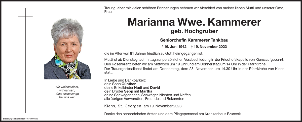  Traueranzeige für Marianna Kammerer vom 21.11.2023 aus Dolomiten