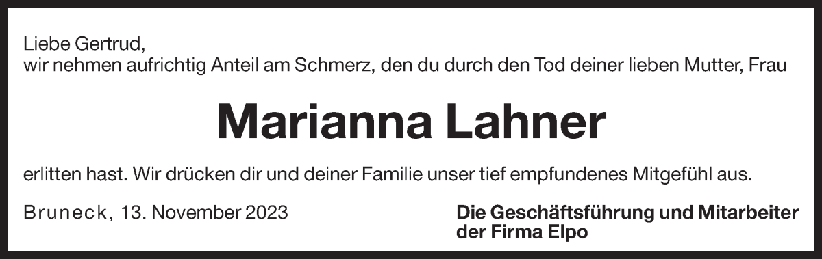  Traueranzeige für Marianna Lahner vom 14.11.2023 aus Dolomiten