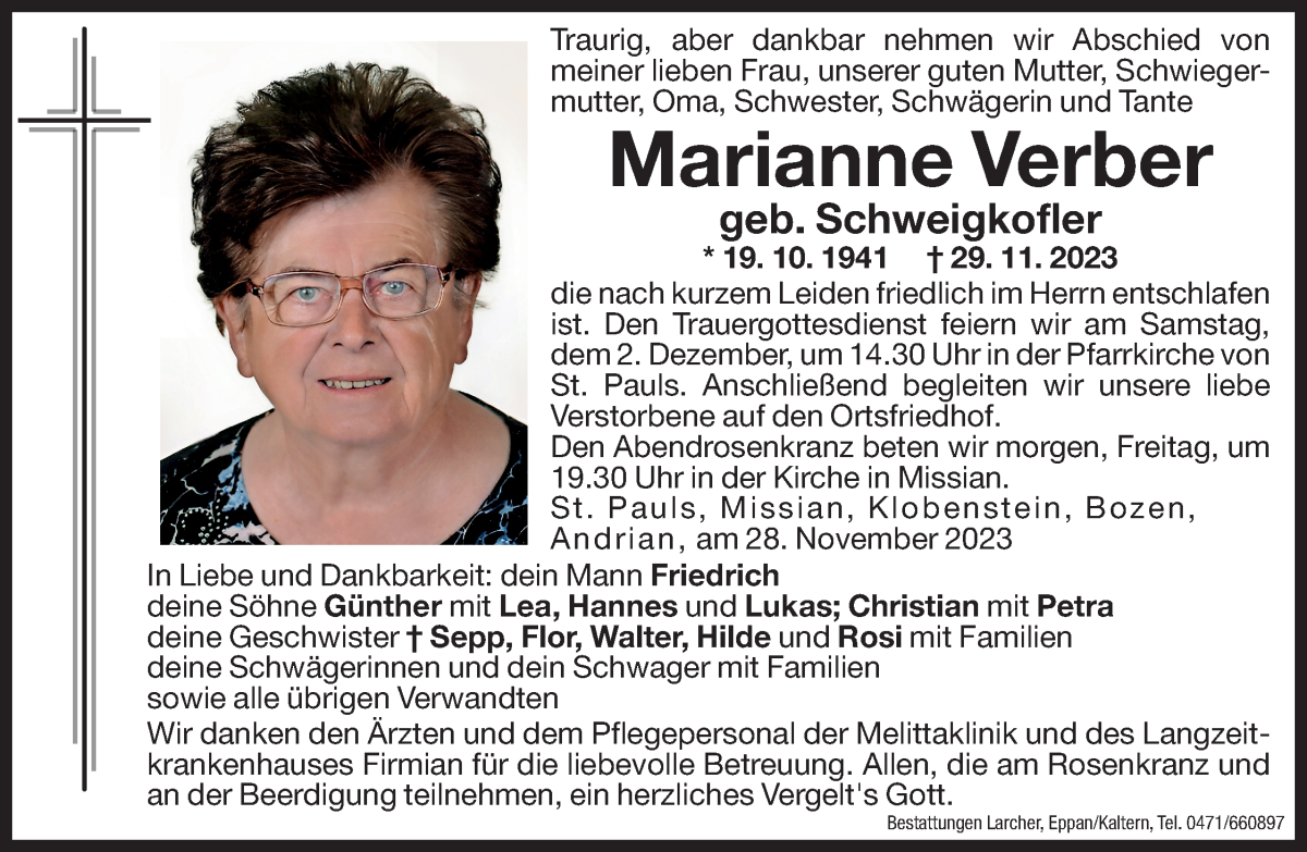  Traueranzeige für Marianne Verber vom 30.11.2023 aus Dolomiten