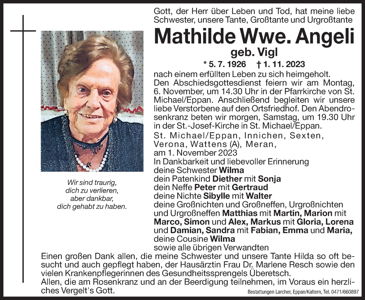  Traueranzeige für Mathilde Angeli vom 03.11.2023 aus Dolomiten
