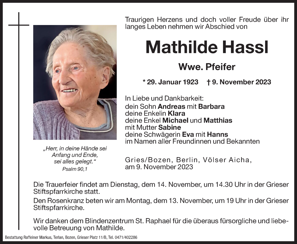  Traueranzeige für Mathilde Pfeifer vom 11.11.2023 aus Dolomiten