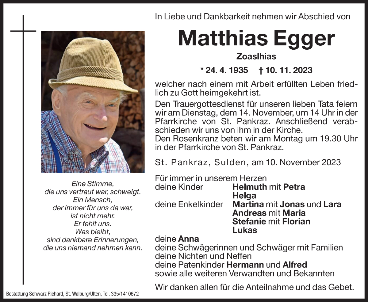  Traueranzeige für Matthias Egger vom 13.11.2023 aus Dolomiten