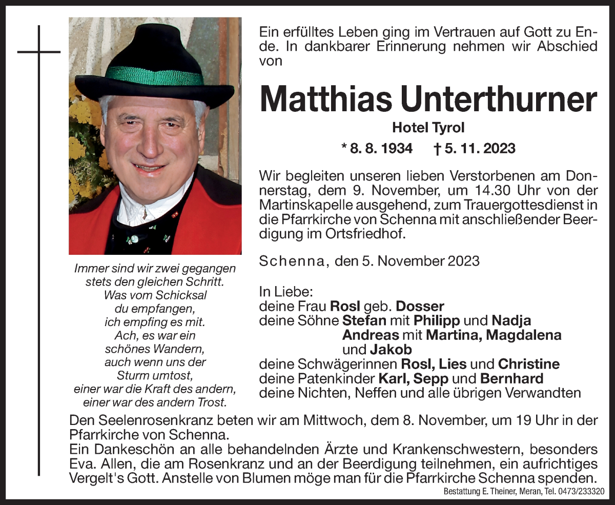  Traueranzeige für Matthias Unterthurner vom 07.11.2023 aus Dolomiten