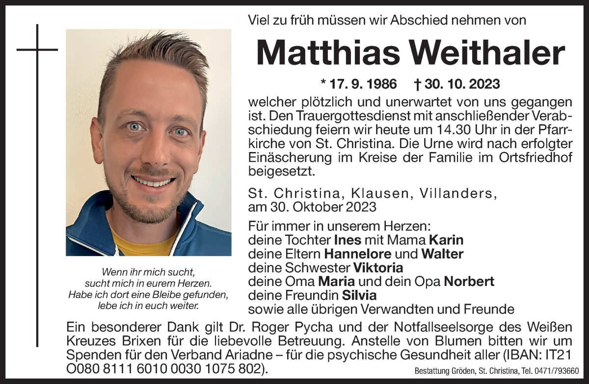  Traueranzeige für Matthias Weithaler vom 02.11.2023 aus Dolomiten