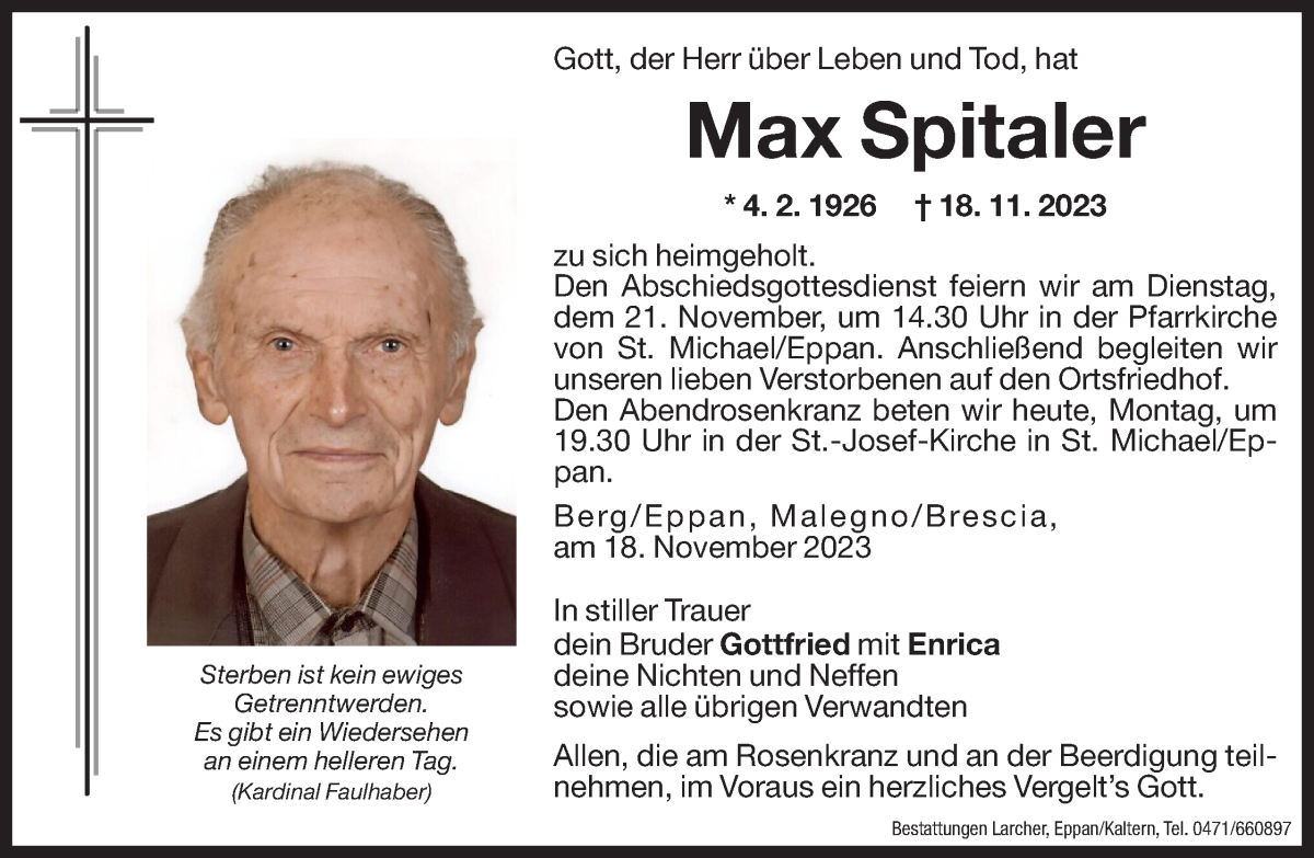  Traueranzeige für Max Spitaler vom 20.11.2023 aus Dolomiten