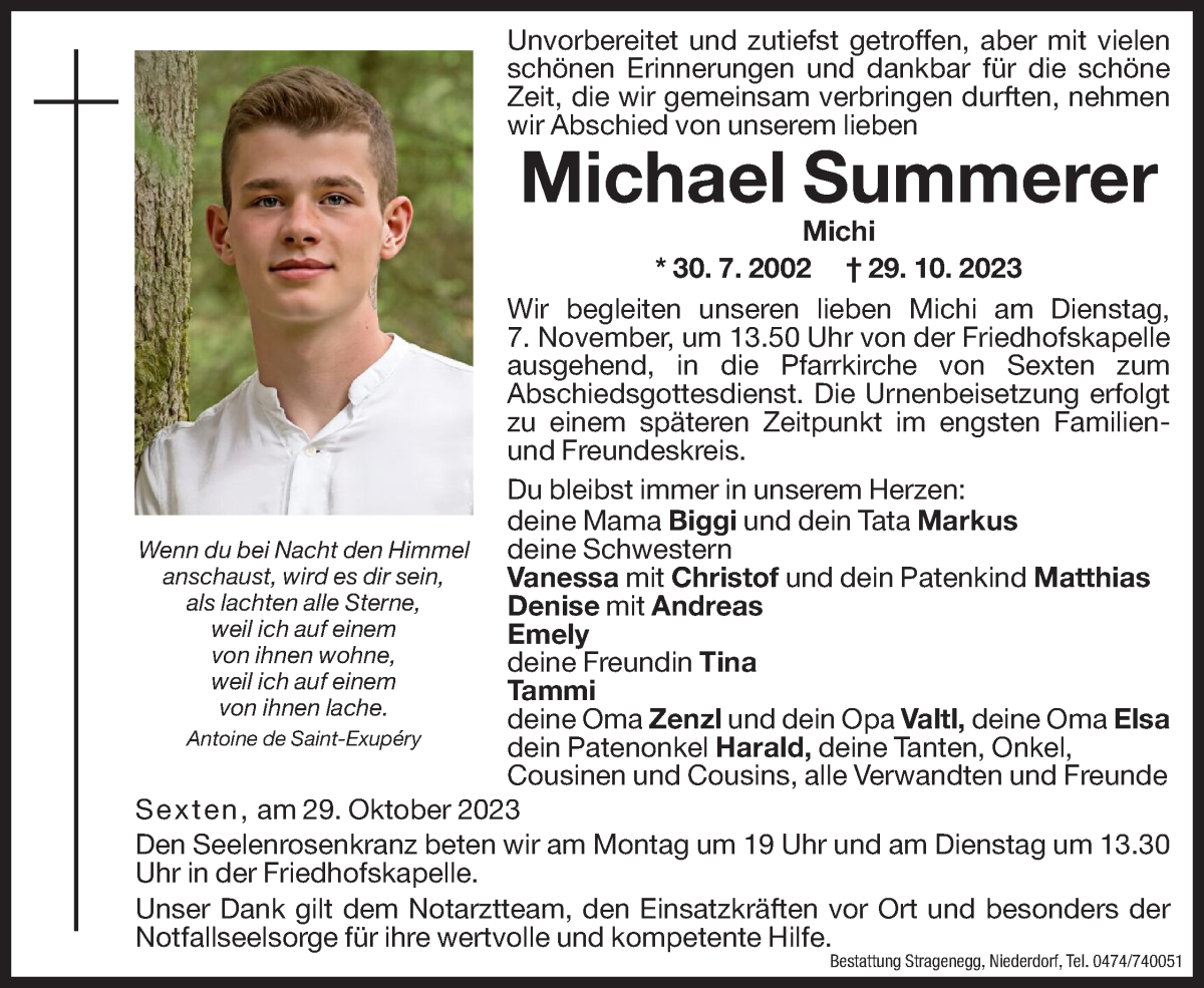  Traueranzeige für Michael Summerer vom 06.11.2023 aus Dolomiten