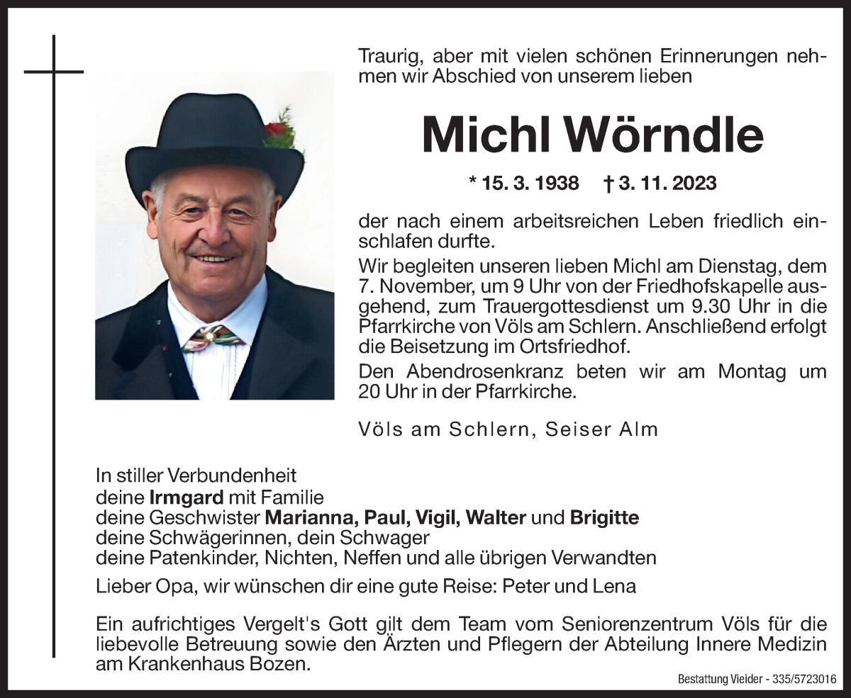  Traueranzeige für Michl Wörndle vom 04.11.2023 aus Dolomiten