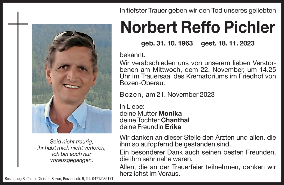  Traueranzeige für Norbert Reffo Pichler vom 21.11.2023 aus Dolomiten