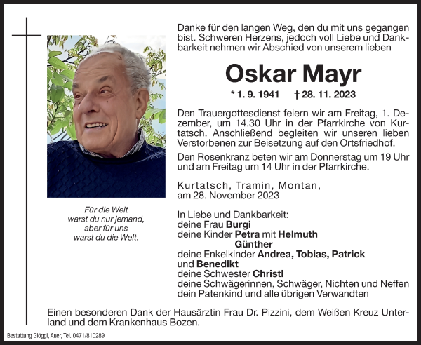 Traueranzeige von Oskar Mayr von Dolomiten