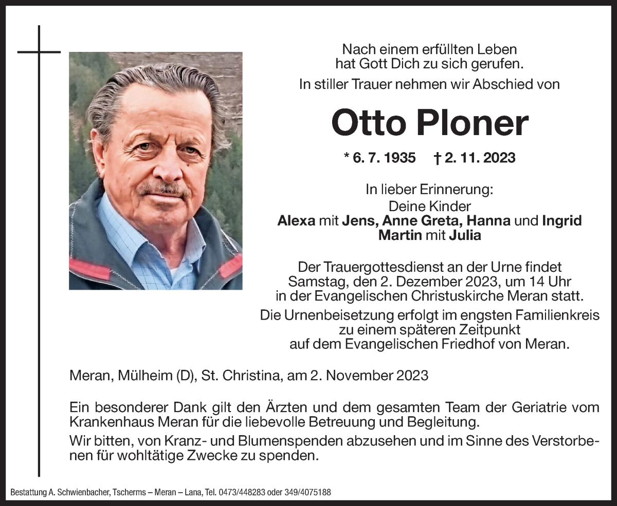  Traueranzeige für Otto Ploner vom 24.11.2023 aus Dolomiten