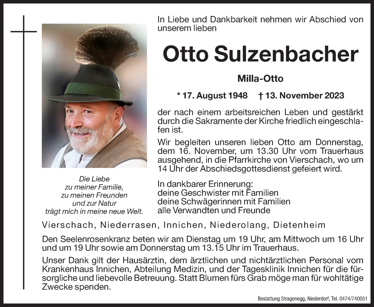  Traueranzeige für Otto Sulzenbacher vom 14.11.2023 aus Dolomiten