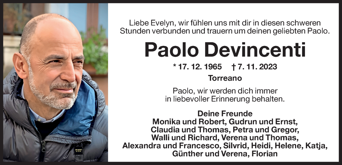  Traueranzeige für Paolo Devincenti vom 10.11.2023 aus Dolomiten