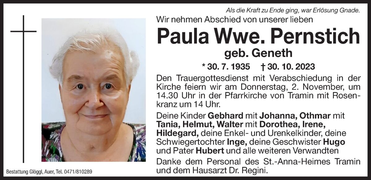  Traueranzeige für Paula Pernstich vom 02.11.2023 aus Dolomiten