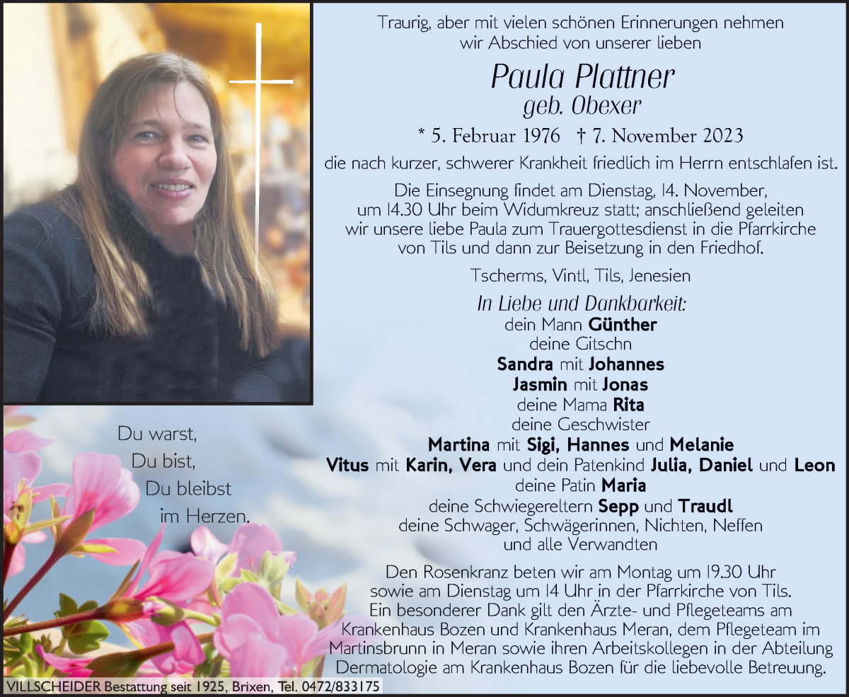  Traueranzeige für Paula Plattner vom 11.11.2023 aus Dolomiten