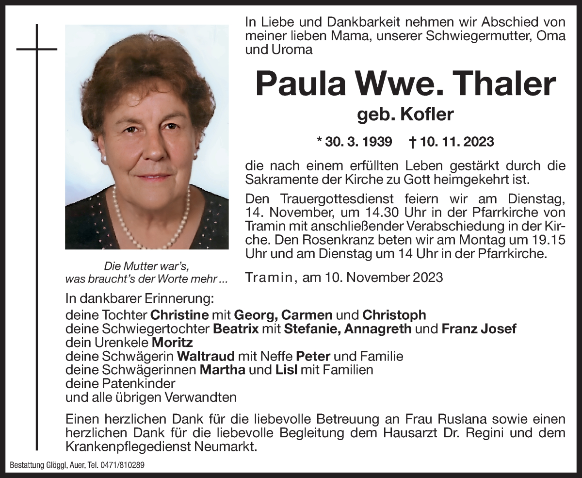  Traueranzeige für Paula Thaler vom 13.11.2023 aus Dolomiten