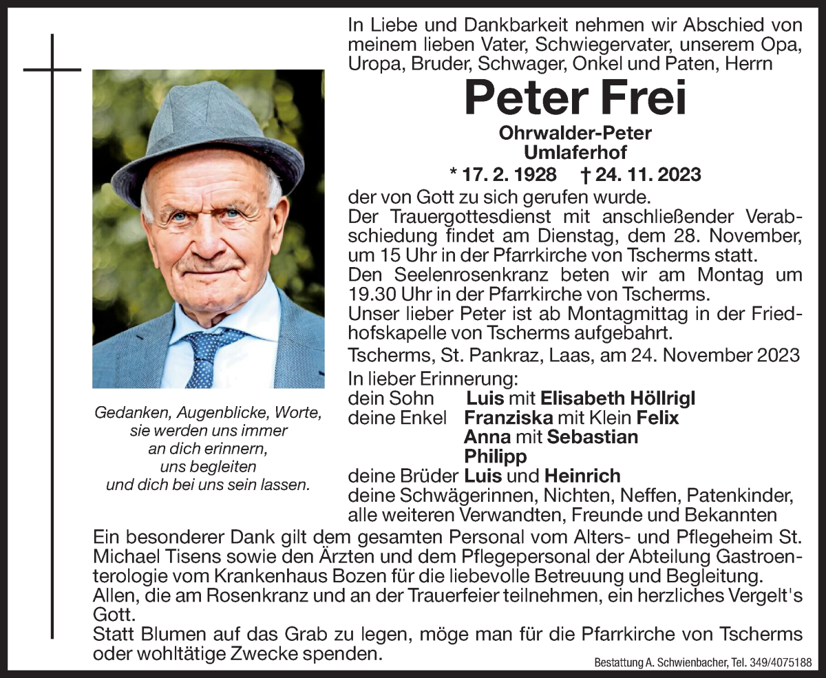  Traueranzeige für Peter Frei vom 25.11.2023 aus Dolomiten