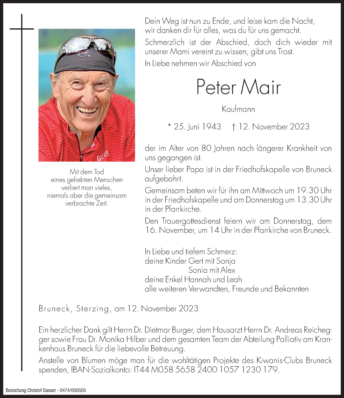  Traueranzeige für Peter Mair vom 15.11.2023 aus Dolomiten