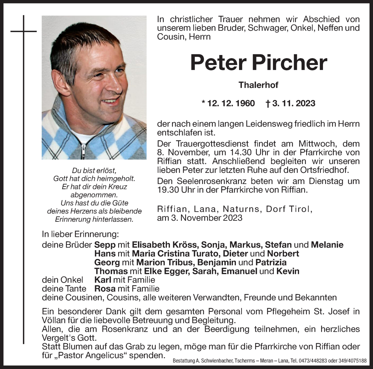  Traueranzeige für Peter Pircher vom 06.11.2023 aus Dolomiten